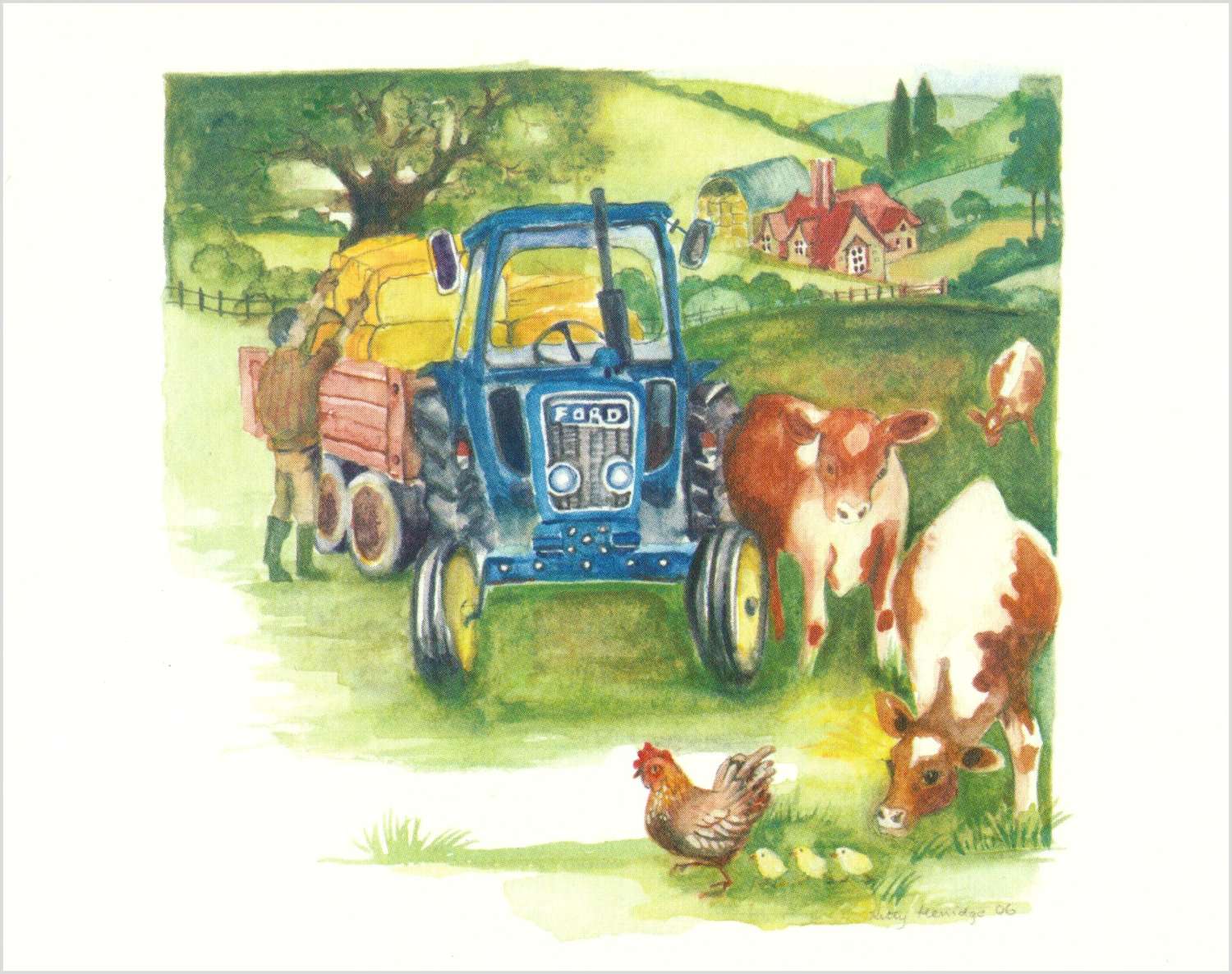 Ford tractor, calves & hen