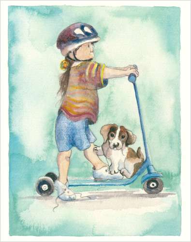 Girl & puppy on a scooter