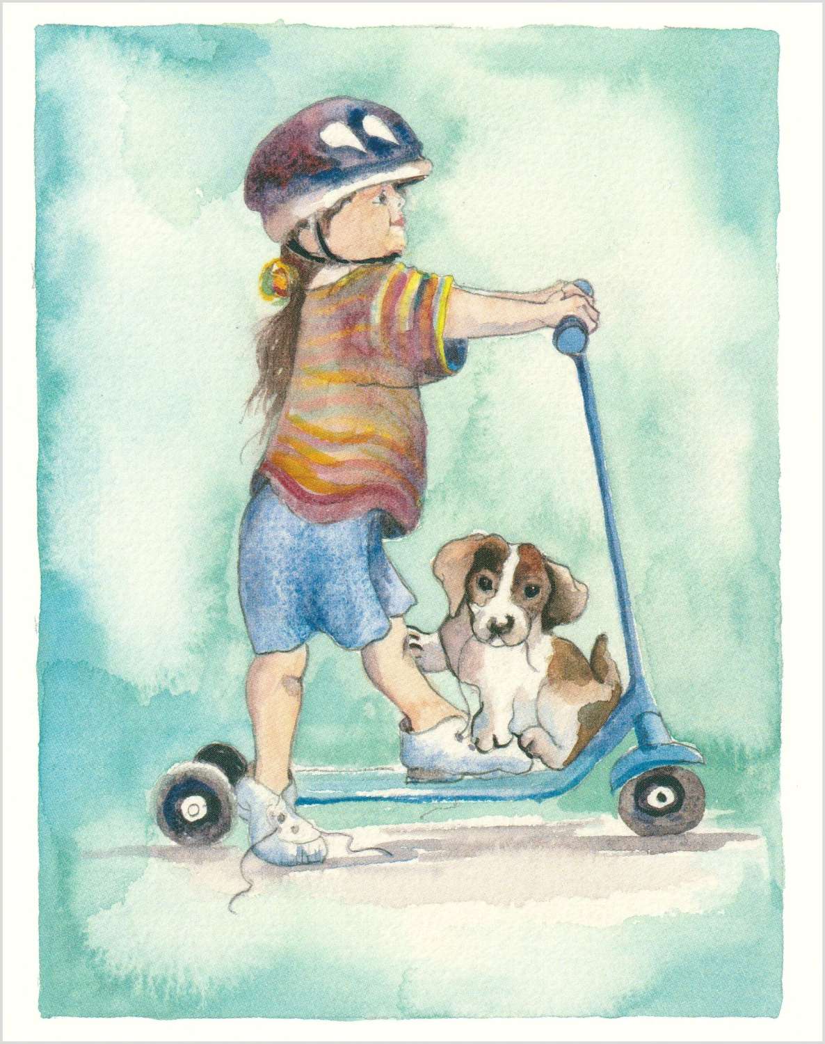 Girl & puppy on a scooter