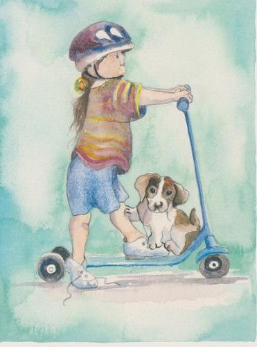 Girl & puppy on a scooter