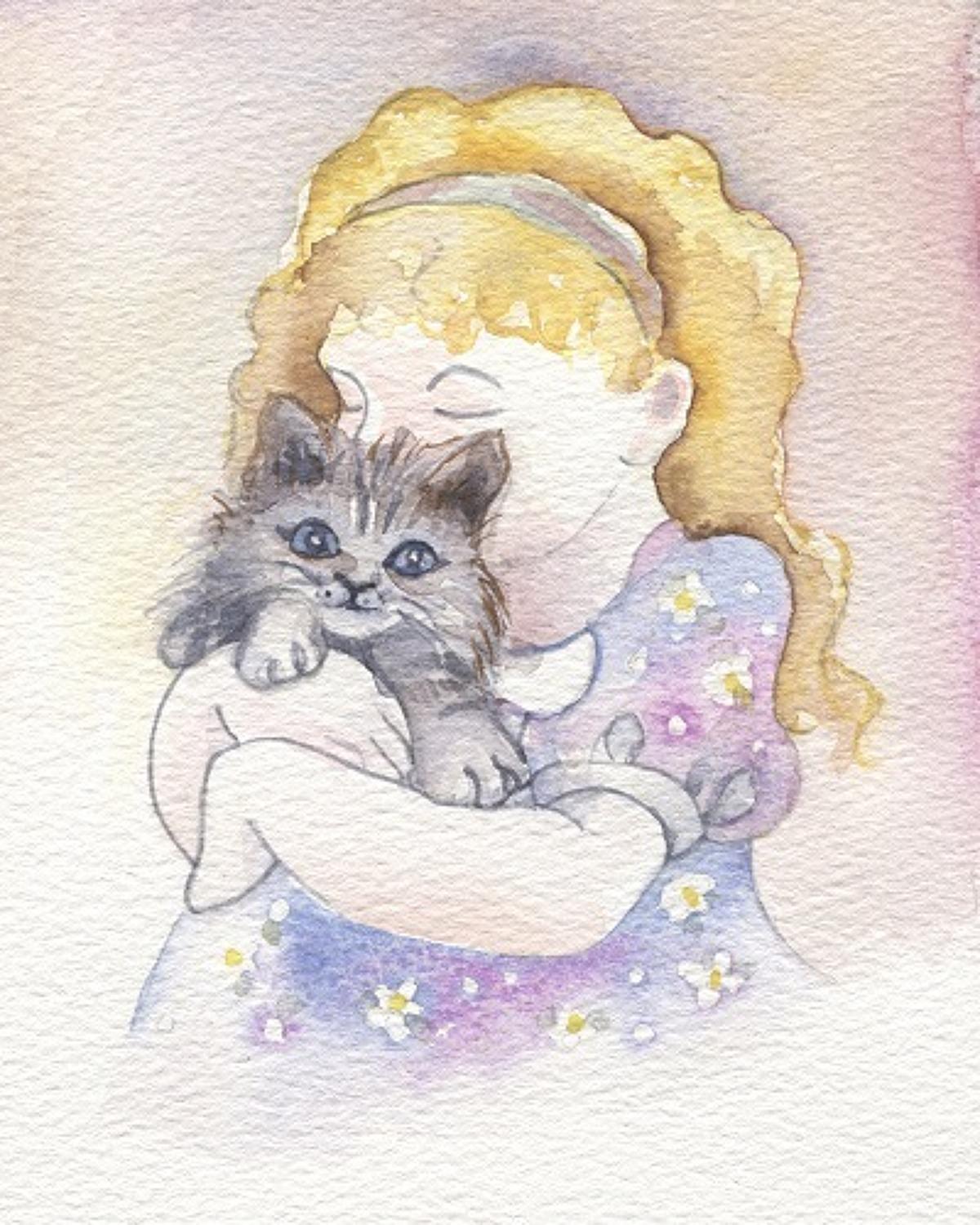 Little girl with kitten