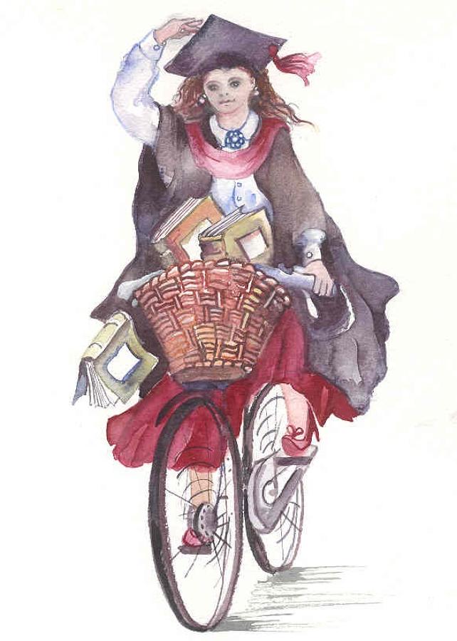 Female graduate on a bike
